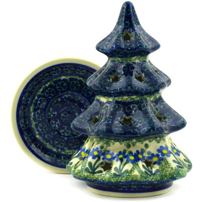 Polish Pottery Christmas Tree Candle Holder 7&quot; Blue Daisy Circle