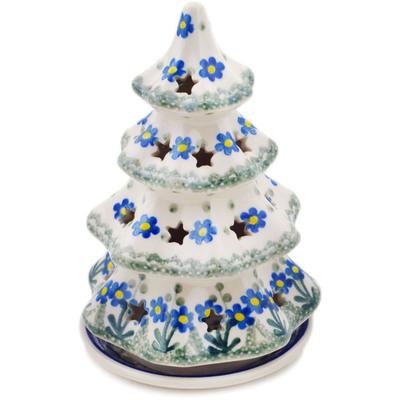 Polish Pottery Christmas Tree Candle Holder 7&quot; Blue Daisy Circle