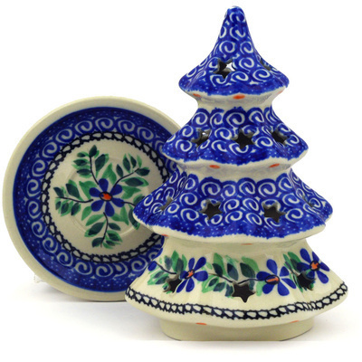 Polish Pottery Christmas Tree Candle Holder 7&quot; Blue Daisy Swirls