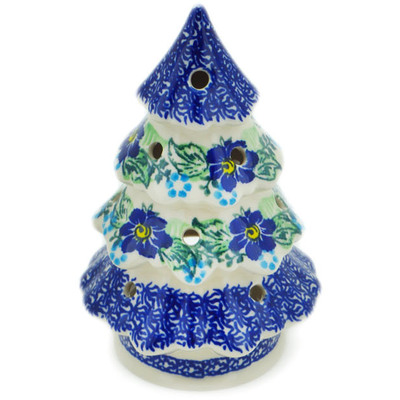 Polish Pottery Christmas Tree Candle Holder 7&quot; Blue Floral Day UNIKAT