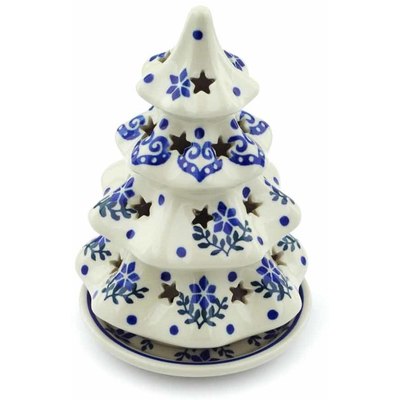 Polish Pottery Christmas Tree Candle Holder 7&quot; Blue Holly