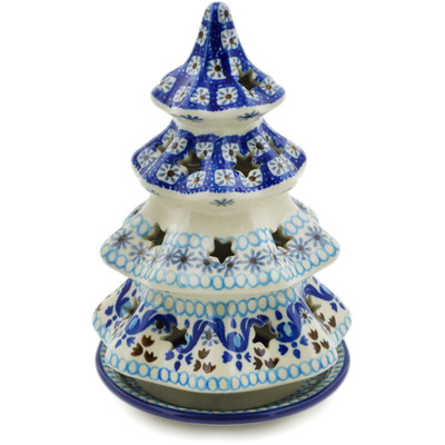 Polish Pottery Christmas Tree Candle Holder 7&quot; Blue Ice