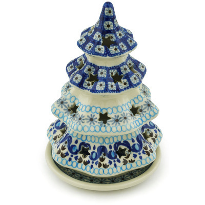 Polish Pottery Christmas Tree Candle Holder 7&quot; Blue Ice