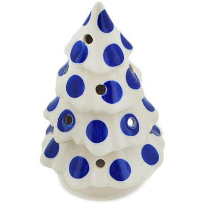 Polish Pottery Christmas Tree Candle Holder 7&quot; Blue Polka Dot Beauty