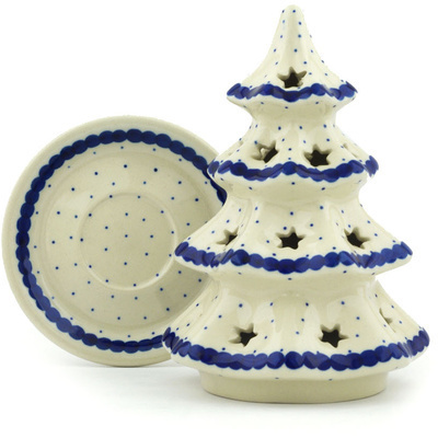 Polish Pottery Christmas Tree Candle Holder 7&quot; Blue Polka Dot