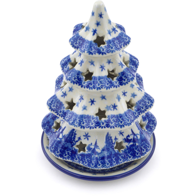 Polish Pottery Christmas Tree Candle Holder 7&quot; Blue Winter