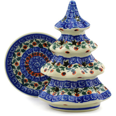 Polish Pottery Christmas Tree Candle Holder 7&quot; Calico Rosebud