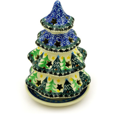 Polish Pottery Christmas Tree Candle Holder 7&quot; Christmas Evergreen