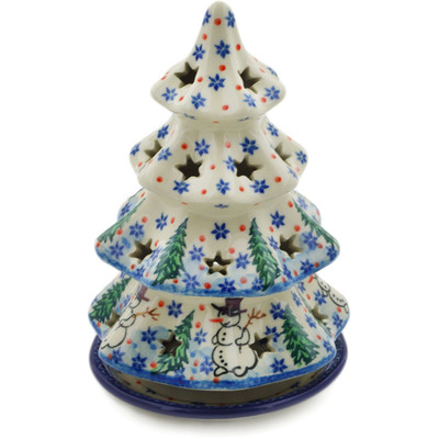 Polish Pottery Christmas Tree Candle Holder 7&quot; Dancing Snowman UNIKAT