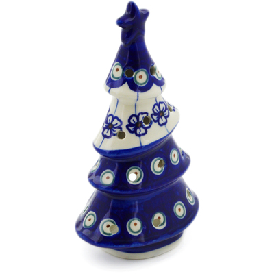 Polish Pottery Christmas Tree Candle Holder 7&quot; Flowering Peacock