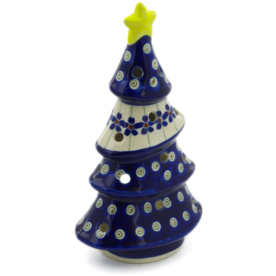 Polish Pottery Christmas Tree Candle Holder 7&quot; Flowering Peacock