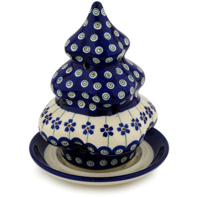 Polish Pottery Christmas Tree Candle Holder 7&quot; Flowering Peacock