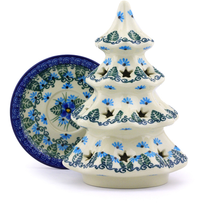 Polish Pottery Christmas Tree Candle Holder 7&quot; Forget Me Not UNIKAT