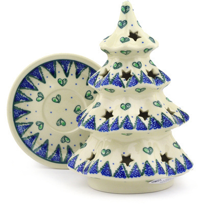 Polish Pottery Christmas Tree Candle Holder 7&quot; Heart Leaves