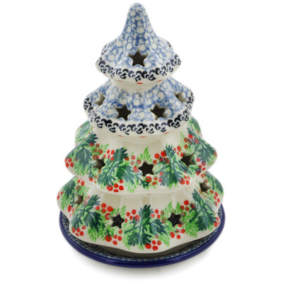 Polish Pottery Christmas Tree Candle Holder 7&quot; Holly Berry Wreath