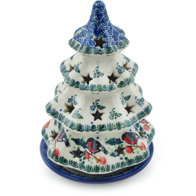 Polish Pottery Christmas Tree Candle Holder 7&quot; Holly Robin