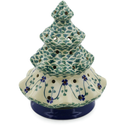 Polish Pottery Christmas Tree Candle Holder 7&quot; Lucky Blue Clover