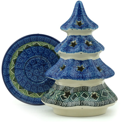 Polish Pottery Christmas Tree Candle Holder 7&quot; Mediterranean Seashore