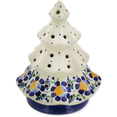 Polish Pottery Christmas Tree Candle Holder 7&quot; Orange And Blue Flower