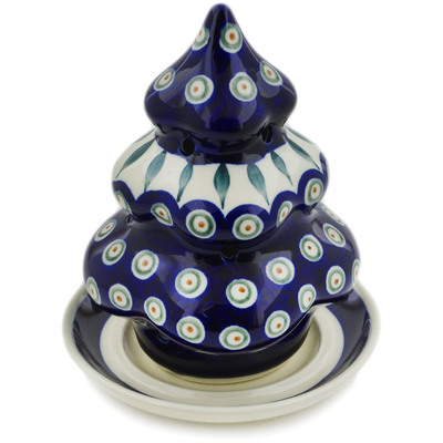 Polish Pottery Christmas Tree Candle Holder 7&quot; Peacock Leaves