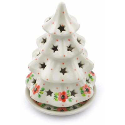 Polish Pottery Christmas Tree Candle Holder 7&quot; Poppy Flower