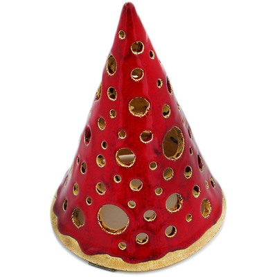 Polish Pottery Christmas Tree Candle Holder 7&quot; Red