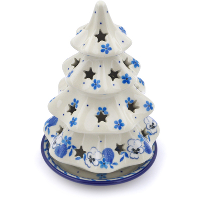 Polish Pottery Christmas Tree Candle Holder 7&quot; White Pansy