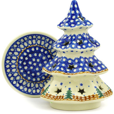 Polish Pottery Christmas Tree Candle Holder 7&quot; Winter Evergreen
