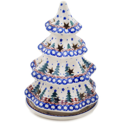 Polish Pottery Christmas Tree Candle Holder 7&quot; Winter Evergreen