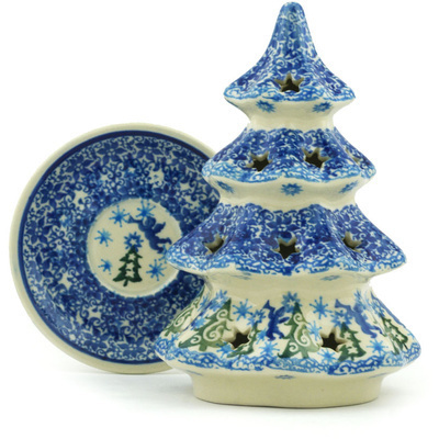 Polish Pottery Christmas Tree Candle Holder 7&quot; Winter Story