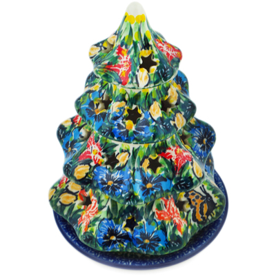 Polish Pottery Christmas Tree Candle Holder 7&quot; Yellow Butterfly Pond UNIKAT