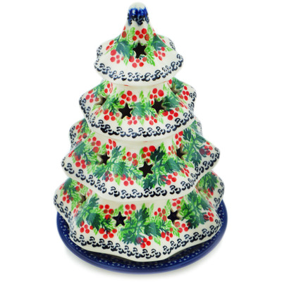 Polish Pottery Christmas Tree Candle Holder 8&quot; Blooming Rowan