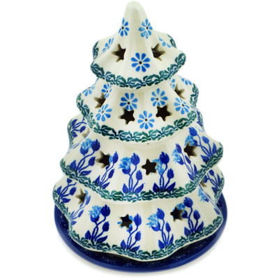 Polish Pottery Christmas Tree Candle Holder 8&quot; Blue Butterfly