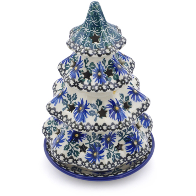 Polish Pottery Christmas Tree Candle Holder 8&quot; Blue Chicory