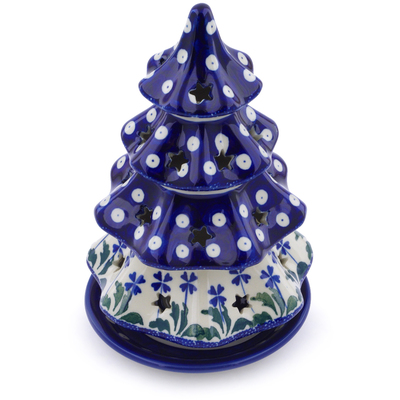 Polish Pottery Christmas Tree Candle Holder 8&quot; Blue Clover Peacock