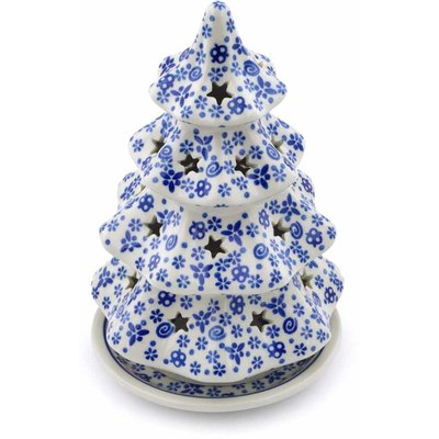 Polish Pottery Christmas Tree Candle Holder 8&quot; Blue Confetti