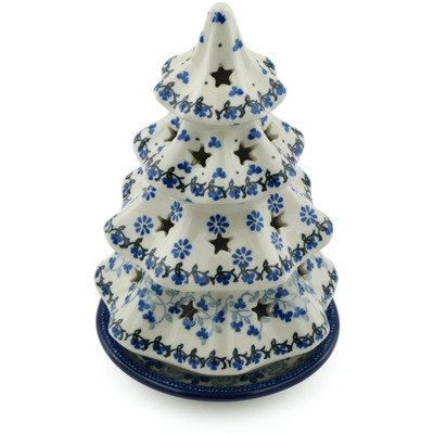Polish Pottery Christmas Tree Candle Holder 8&quot; Blue Country Field