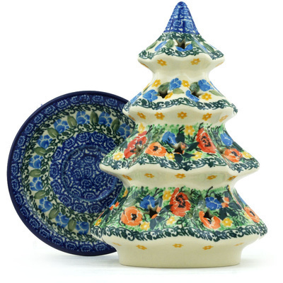 Polish Pottery Christmas Tree Candle Holder 8&quot; Blue Daisy Bouquet UNIKAT