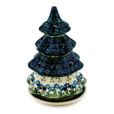 Polish Pottery Christmas Tree Candle Holder 8&quot; Blue Daisy Circle