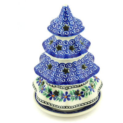 Polish Pottery Christmas Tree Candle Holder 8&quot; Blue Daisy Swirls