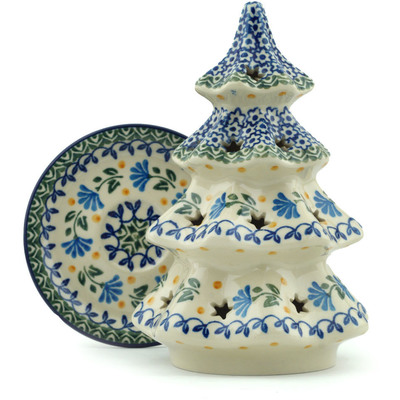 Polish Pottery Christmas Tree Candle Holder 8&quot; Blue Fan Flowers