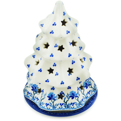 Polish Pottery Christmas Tree Candle Holder 8&quot; Blue Grapevine