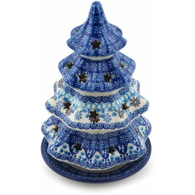 Polish Pottery Christmas Tree Candle Holder 8&quot; Blue Ice