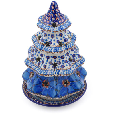 Polish Pottery Christmas Tree Candle Holder 8&quot; Blue Poppies UNIKAT