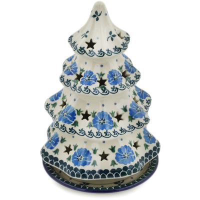 Polish Pottery Christmas Tree Candle Holder 8&quot; Blue Poppy Chain