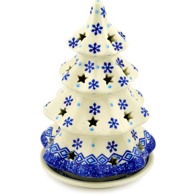 Polish Pottery Christmas Tree Candle Holder 8&quot; Blue Snowflake