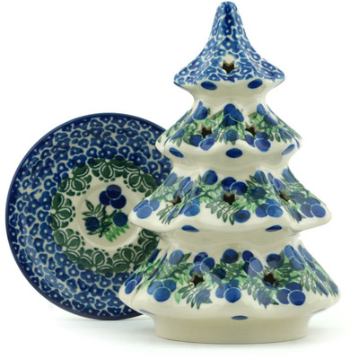 Polish Pottery Christmas Tree Candle Holder 8&quot; Blueberry Fields Forever