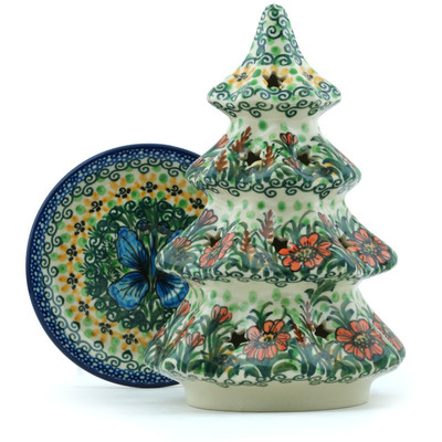 Polish Pottery Christmas Tree Candle Holder 8&quot; Butterfly Holly UNIKAT