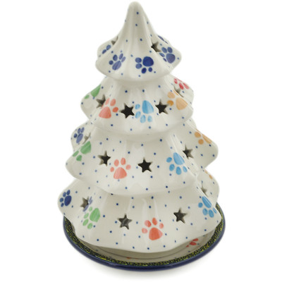 Polish Pottery Christmas Tree Candle Holder 8&quot; Children&#039;s Happy Paws