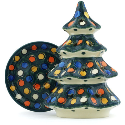 Polish Pottery Christmas Tree Candle Holder 8&quot; City Lights UNIKAT